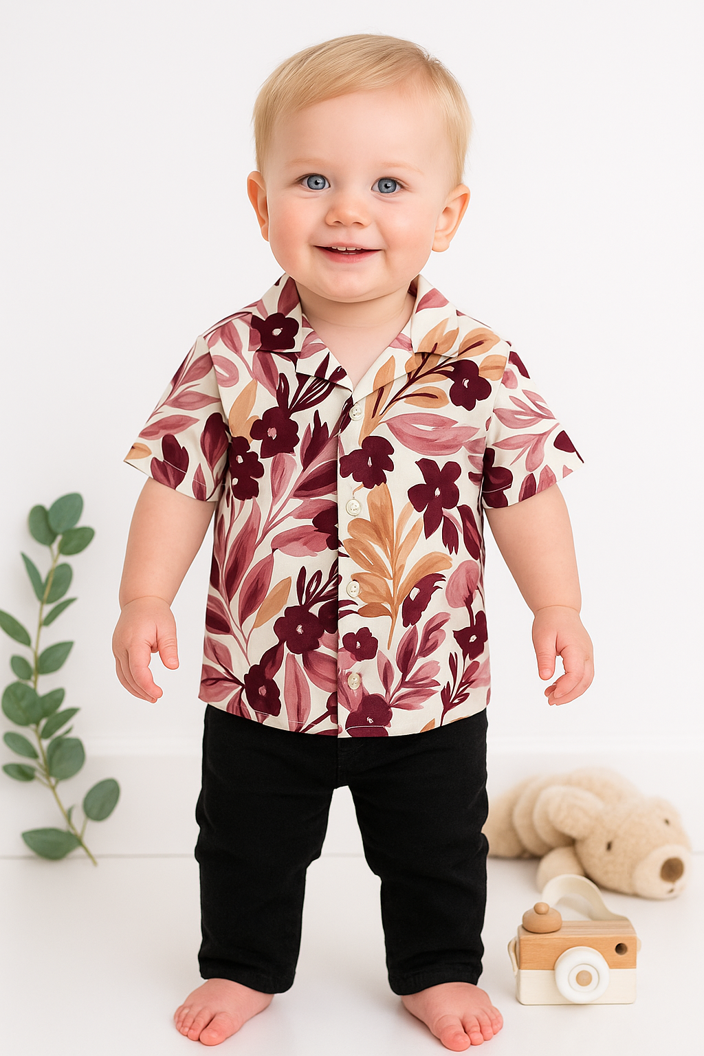 Baby Boy Floral Shirt and Black Pants Set