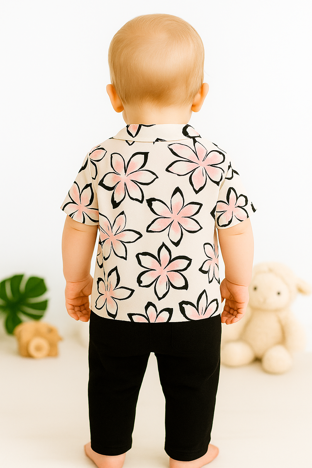 Baby Boy Pink Floral Shirt and Black Pants Set