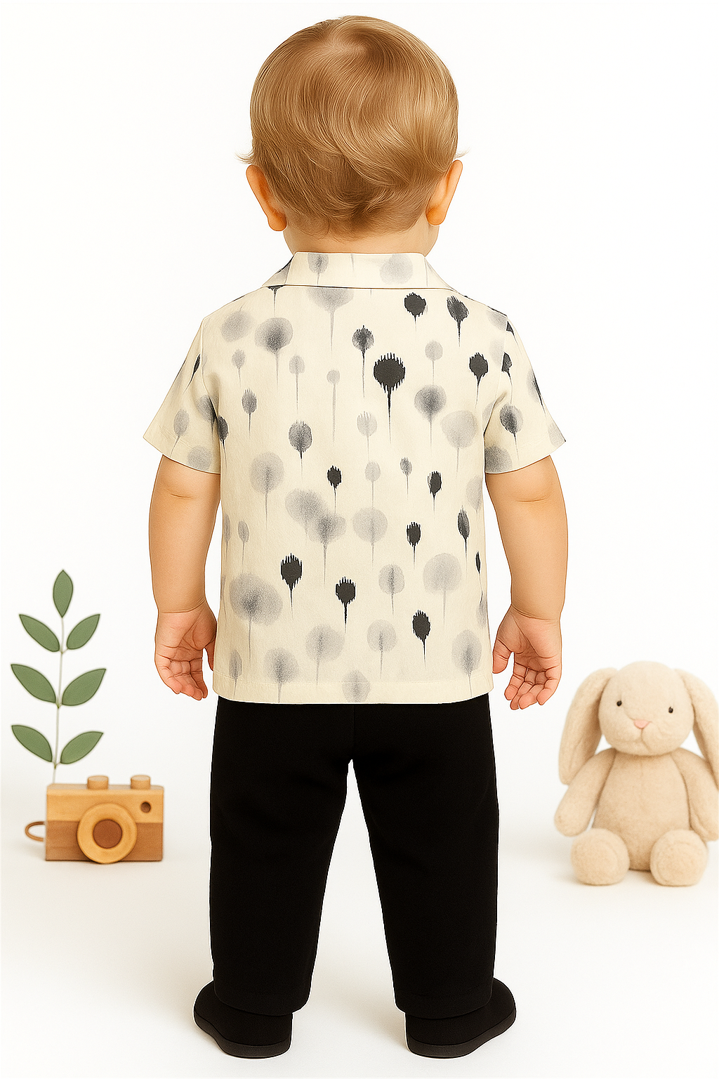 Toddler Boys’ Printed Shirt and Black Pants Set