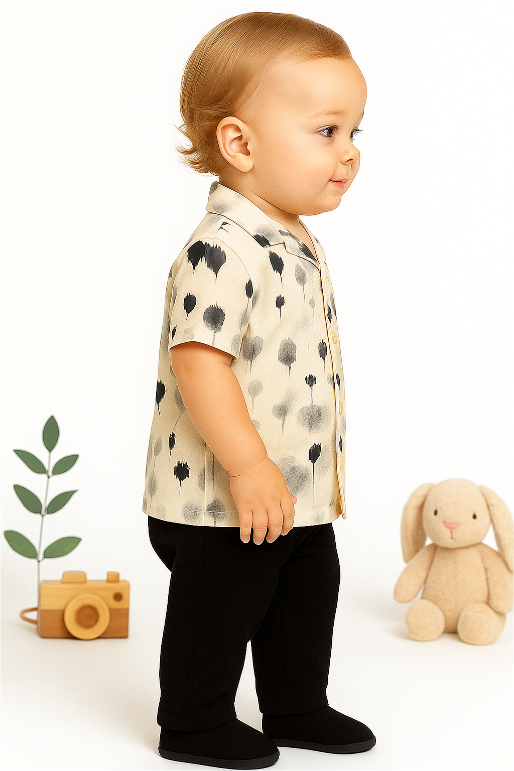 Toddler Boys’ Printed Shirt and Black Pants Set