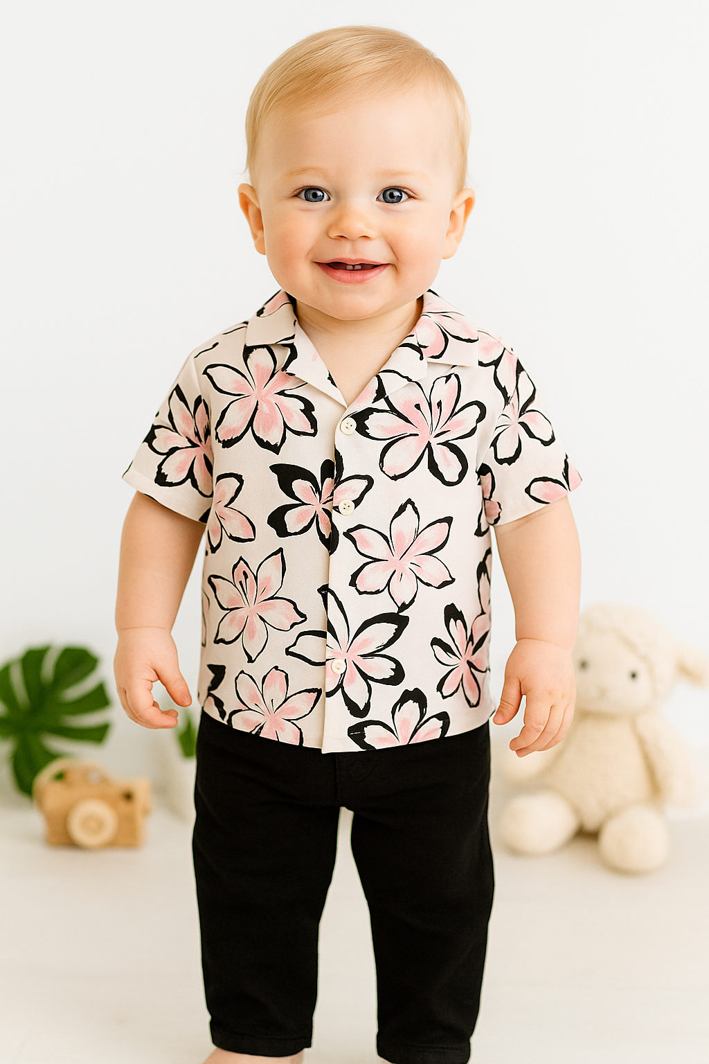 Baby Boy Pink Floral Shirt and Black Pants Set