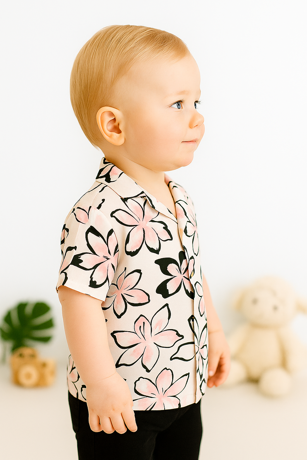 Baby Boy Pink Floral Shirt and Black Pants Set