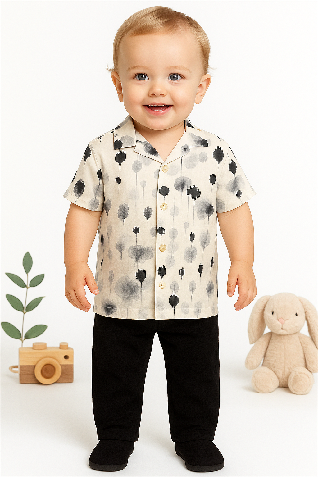 Toddler Boys’ Printed Shirt and Black Pants Set