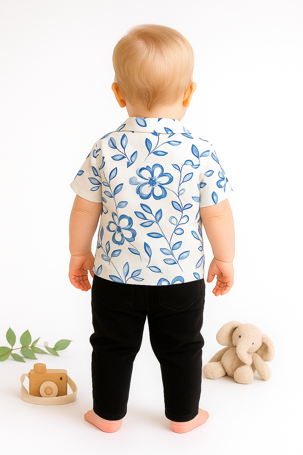 Toddler Boys’ Blue Floral Shirt with Black Pants Set