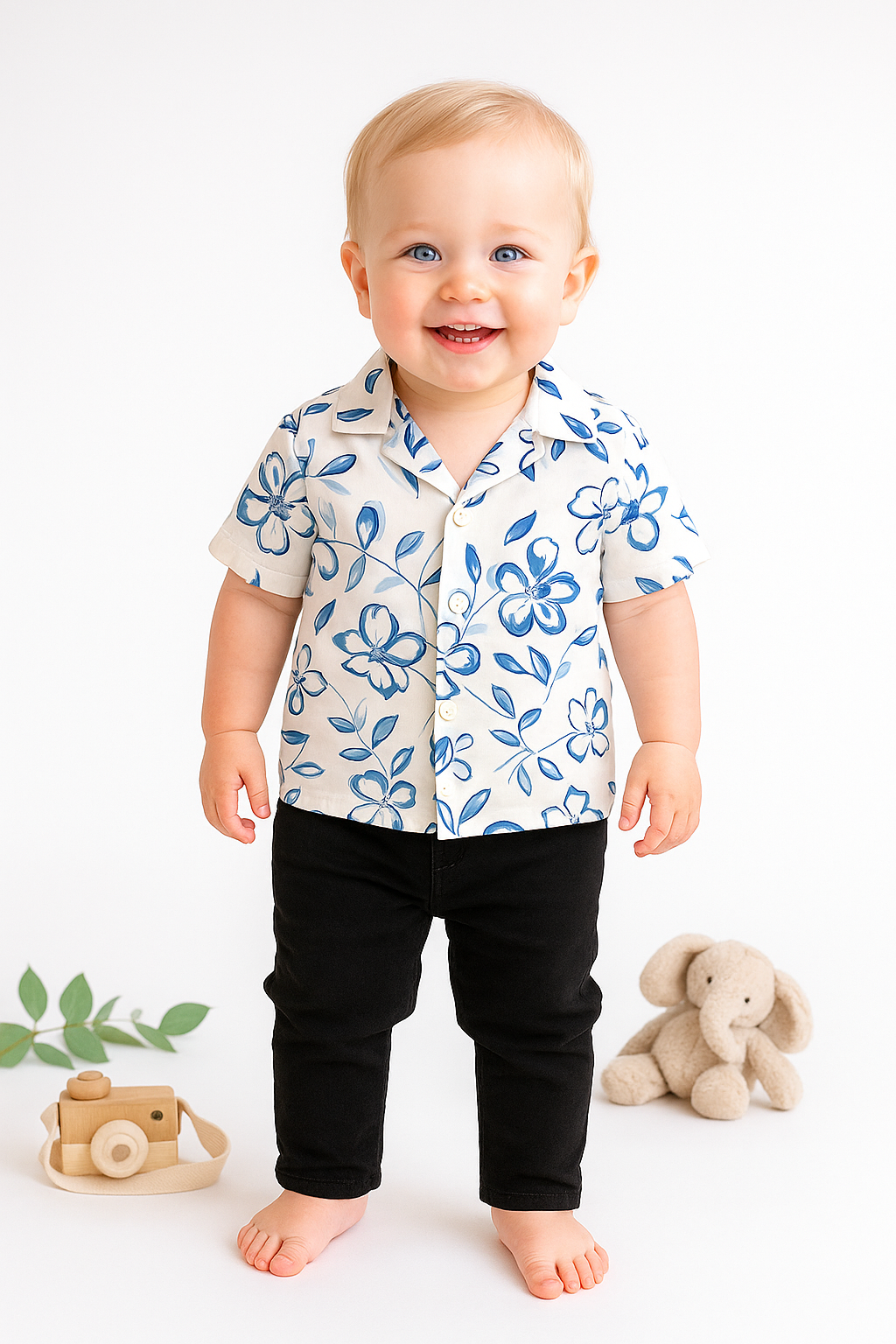 Toddler Boys’ Blue Floral Shirt with Black Pants Set
