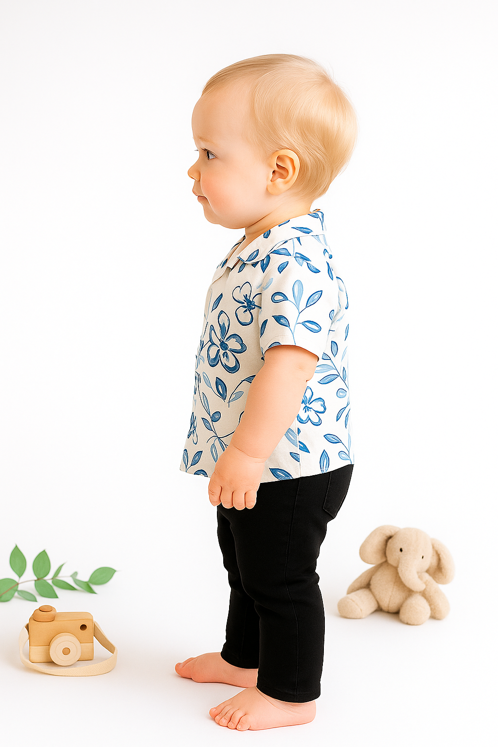 Toddler Boys’ Blue Floral Shirt with Black Pants Set
